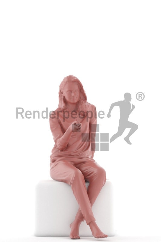 3d people sleepwear, white 3d woman sitting and watching tv