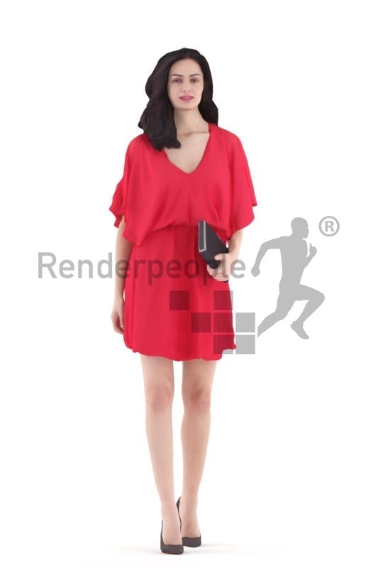 3d people event, south american 3d woman walking and holding a clutch
