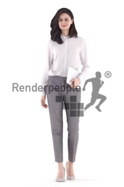 3d people business, white 3d woman walking and holding a tablet