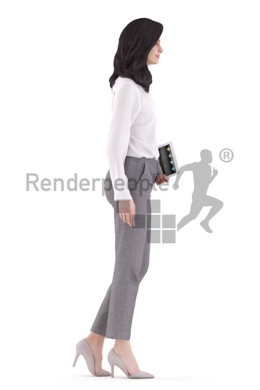 3d people business, white 3d woman walking and holding a tablet