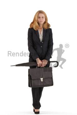 3d people business, white 3d woman standing and holding a umbrella and briefcase
