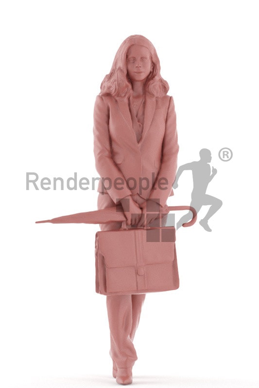 3d people business, white 3d woman standing and holding a umbrella and briefcase