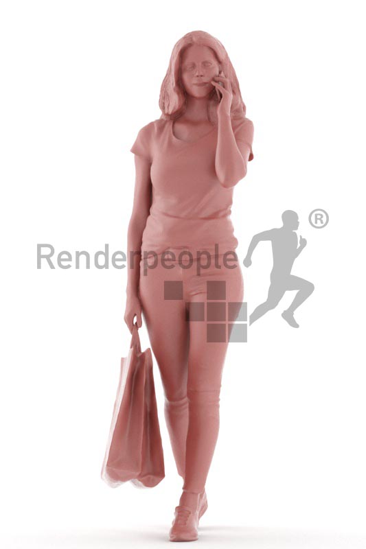3d people casual, white 3d woman walking, shopping and calling