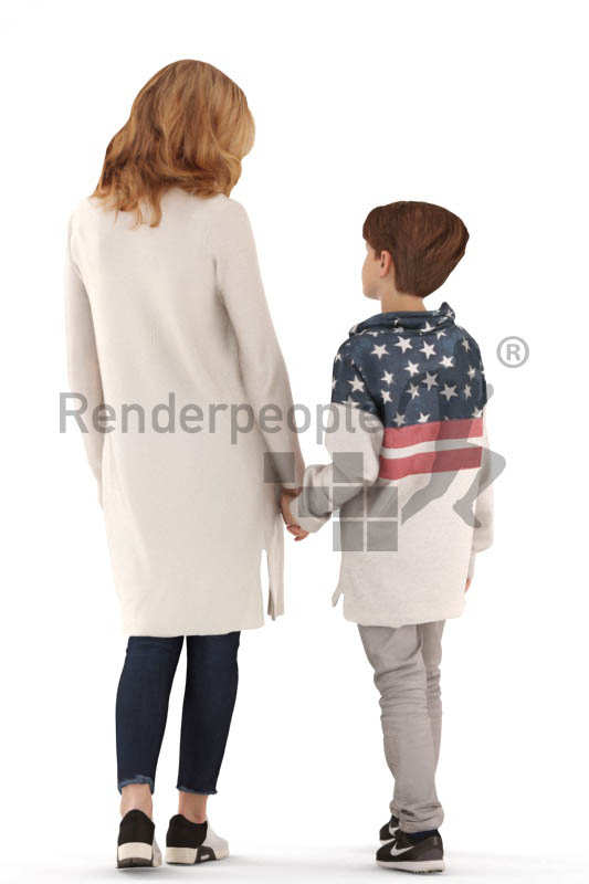 3d people. casual, mother and son walking together