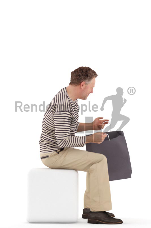 3d people casual, man sitting and looking in his shopping bag