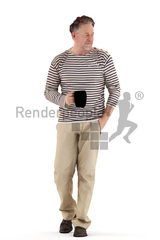 3d people casual, man walking and drinking coffee