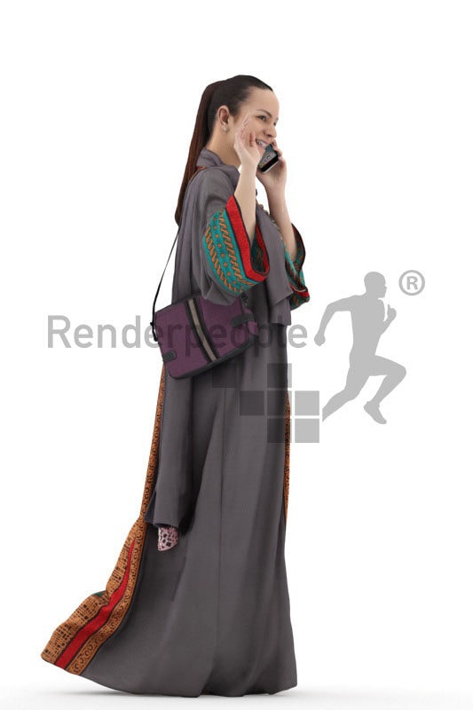 Scanned human 3D model by Renderpeople – middle eastern female in traditional clothing, walking and calling with mobilephone