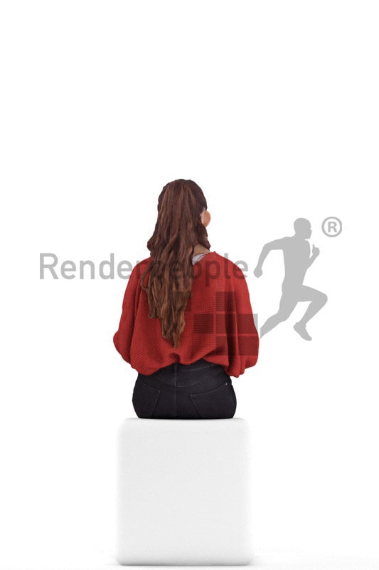 Posed 3D People model for renderings – european teenager girl in casual red pullover, sitting and talking