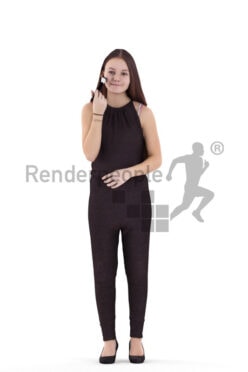 Scanned human 3D model by Renderpeople – young european woman in chic jumpsuit, standing and doing her makeup