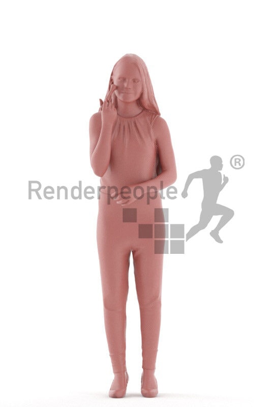 Scanned human 3D model by Renderpeople – young european woman in chic jumpsuit, standing and doing her makeup