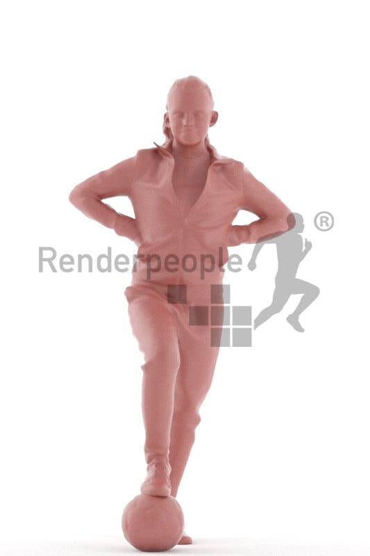 Scanned human 3D model by Renderpeople – european teenager girl in sports clothing, standing with soccer ball