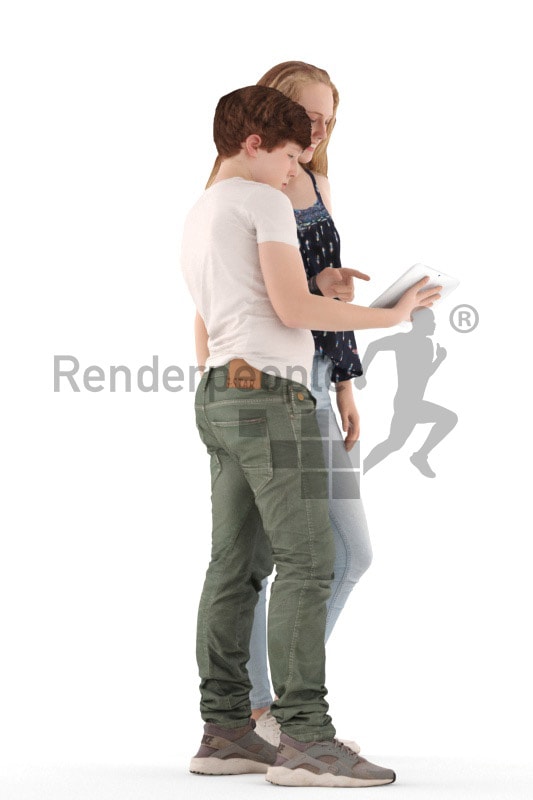 3d people casual, white 3d kids standing and showing something on a tablet