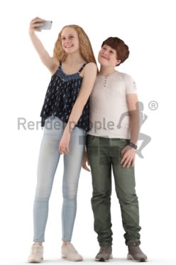 3d people casual, white 3d kids standing and taking a selfie