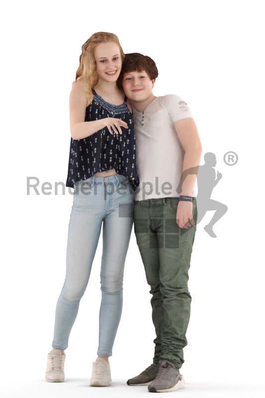 3d people casual, white 3d kids standing and pointing at something