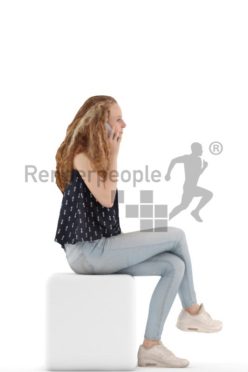 3d people kids, white 3d child sitting and calling