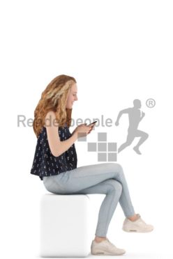 3d people kids, white 3d child sitting and typing on her phone