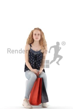 3d people kids, white 3d child sitting, waiting with shopping bags