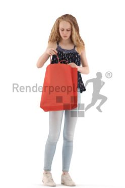 3d people kids, white 3d child standing, looking into a shoppnig bag