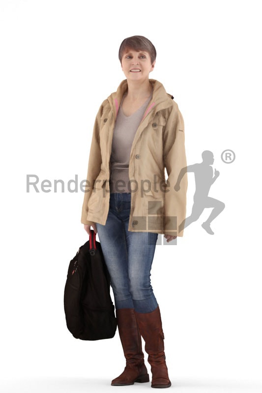 3d people casual, eldery white 3d woman standing and holding her bag