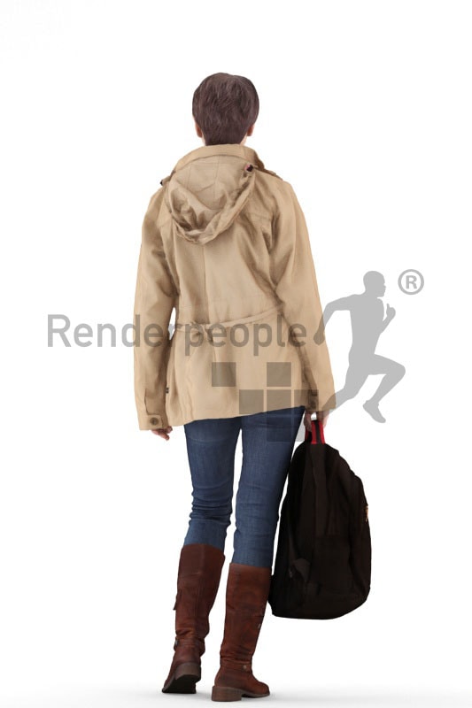 3d people casual, eldery white 3d woman standing and holding her bag