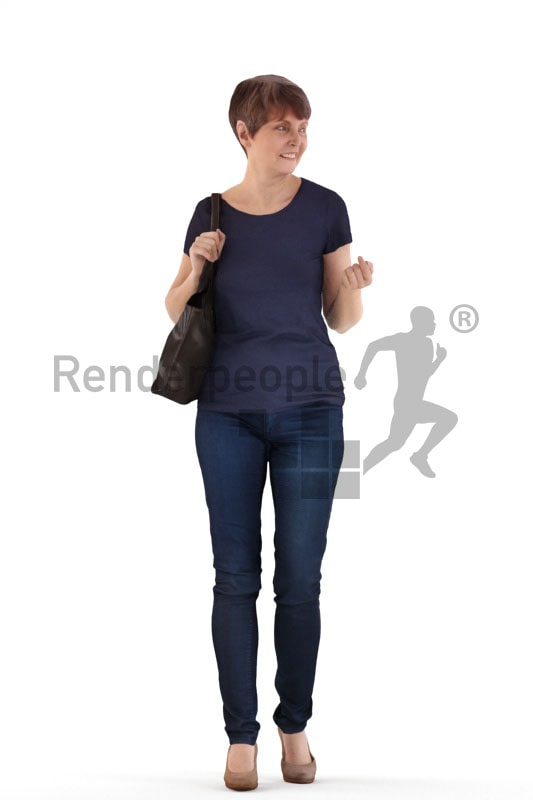 3d people casual, best ager woman walking holding a bag