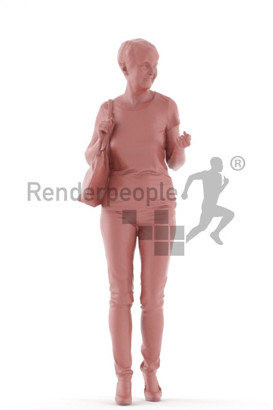 3d people casual, best ager woman walking holding a bag