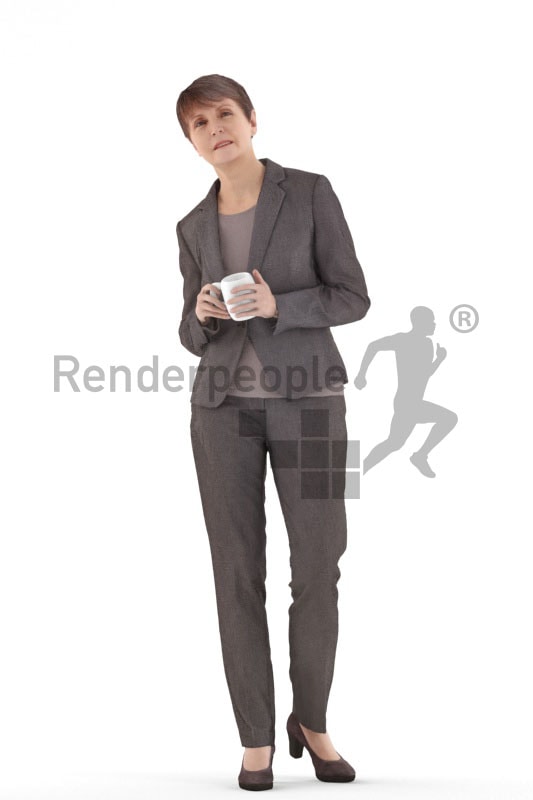 3d people business. best ager woman standing and holding a cup