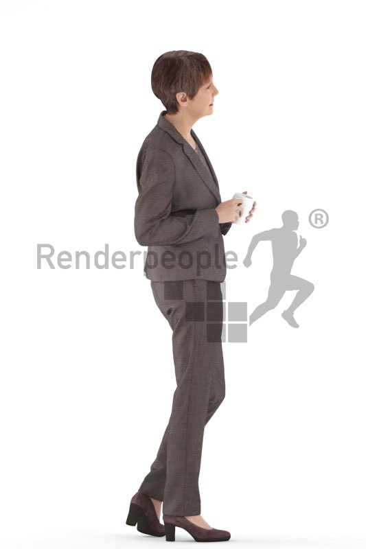 3d people business. best ager woman standing and holding a cup