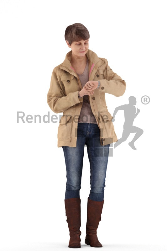 3d people casual, best ager woman standing and looking on her wrist