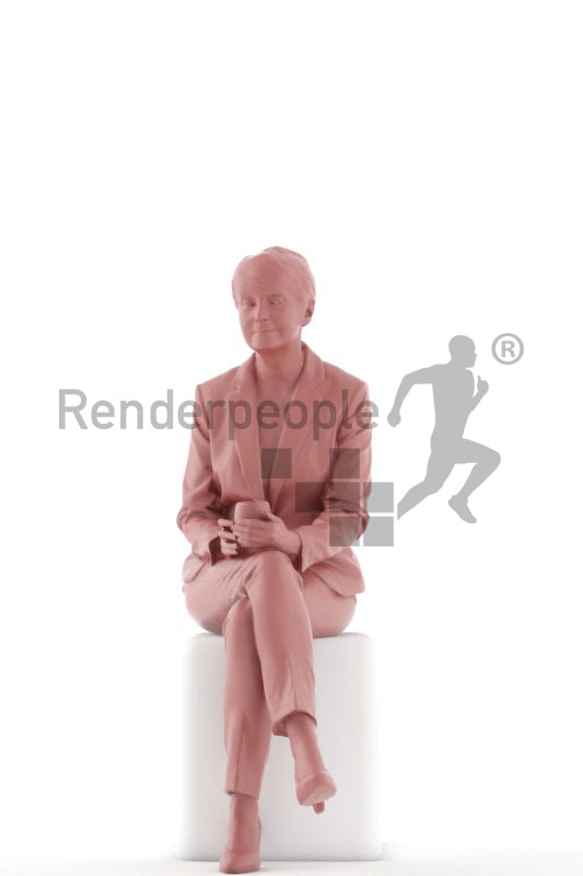 3d people business. best ager woman sitting and holding a cup
