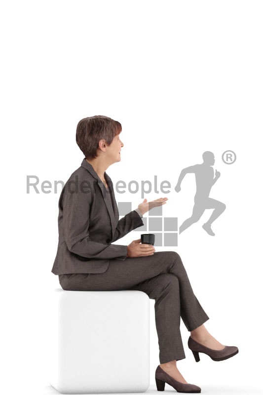 3d people business. best ager woman sitting and holding a cup and talking