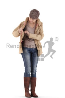 3d people casual. best ager woman standing, searching in her jacket