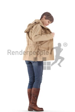 3d people casual. best ager woman standing, searching in her jacket