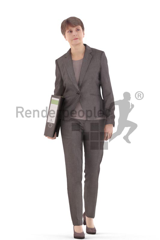 3d people business. best ager woman walking and holding a folder