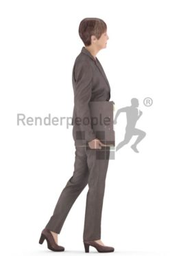 3d people business. best ager woman walking and holding a folder