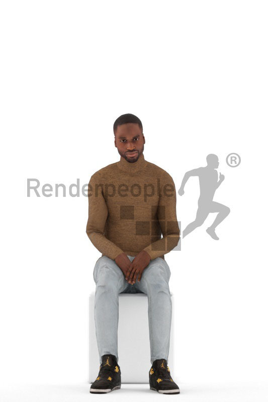 Animated human 3D model by Renderpeople – black man in casual pullover, sitting