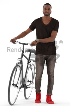 3d people casual, black 3d man walking with his bike
