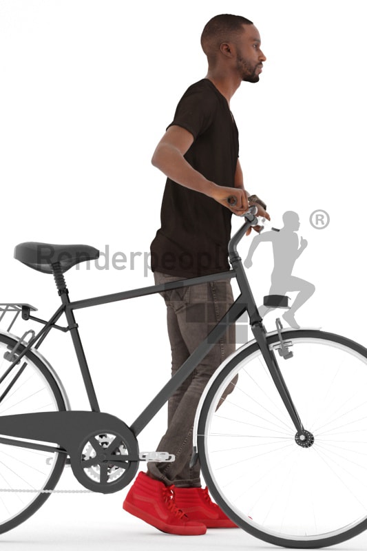 3d people casual, black 3d man walking with his bike