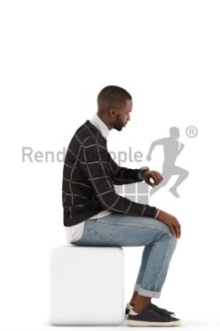 3d people casual, black 3d man sitting and looking at his watch