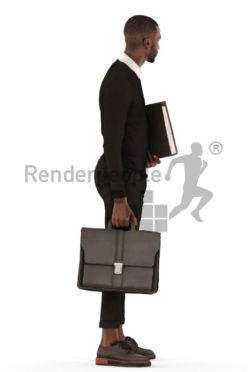 3d people business, black 3d man standing with a suitcase and folder