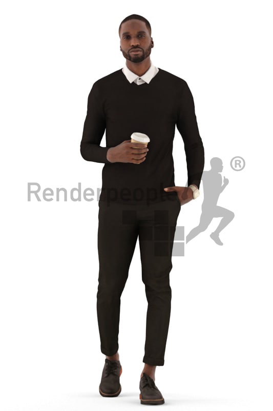 3d people business, black 3d man walking with a coffee