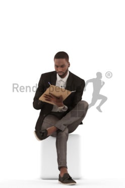 3d people business, black 3d man sitting and writing on his clipboard