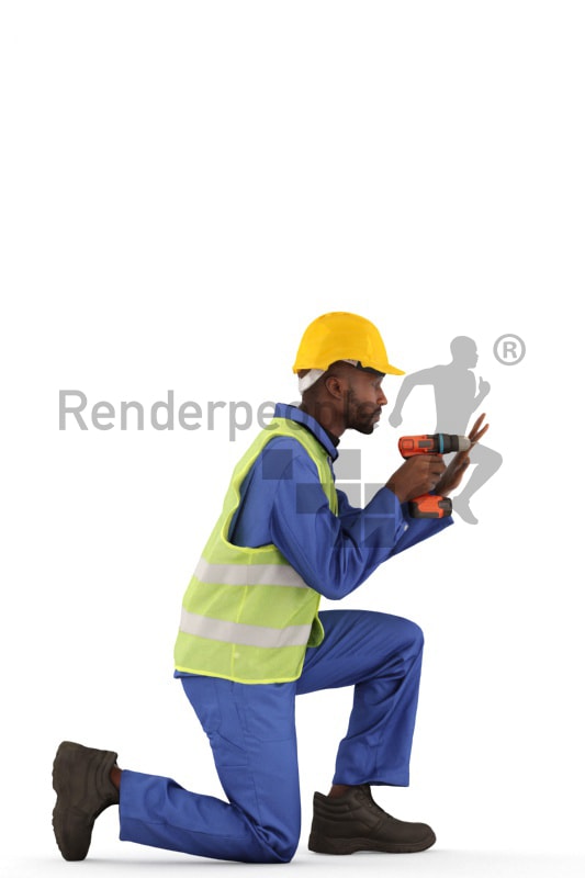 3d people worker, black 3d man kneeling and drilling a hole