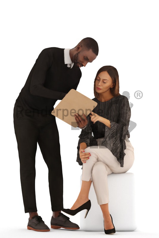 3d people business, 3d couple standing and sitting and showing something on a clipboard