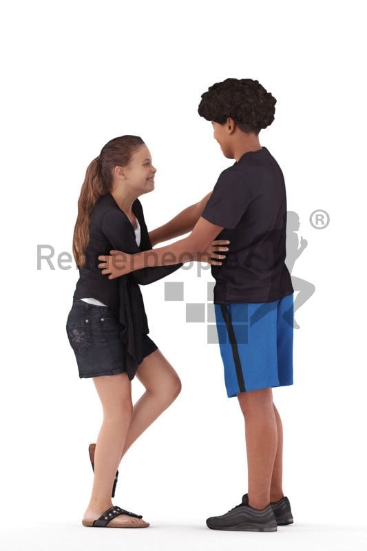 Posed 3D People model for visualization – two teenagers, playing around in daily summer clothes