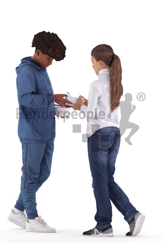 Scanned 3D People model for visualization – black and european teenager, standingwith bowls