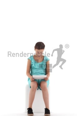 3d people casual, white 3d girl sitting and holding tablet