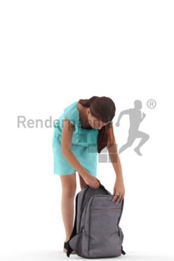 3d people casual, white 3d girl standing and searching her backpack