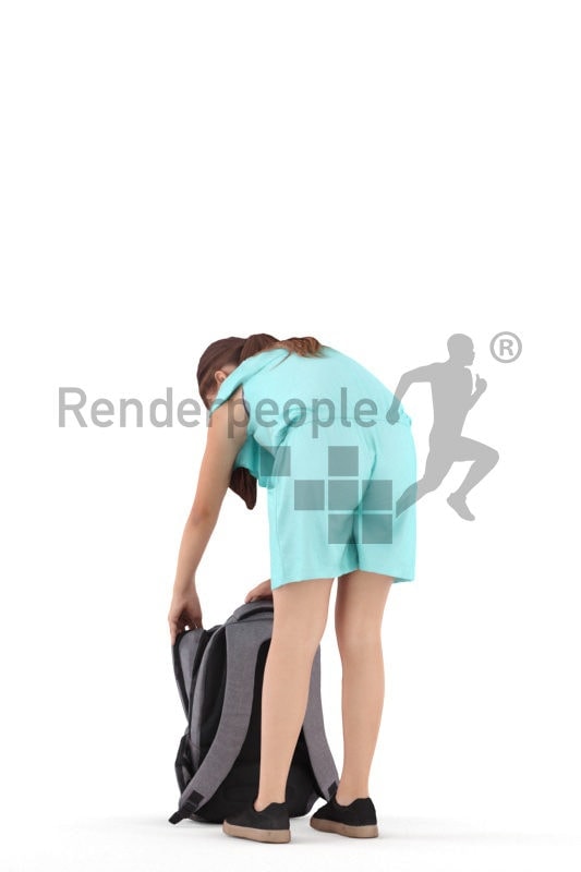 3d people casual, white 3d girl standing and searching her backpack