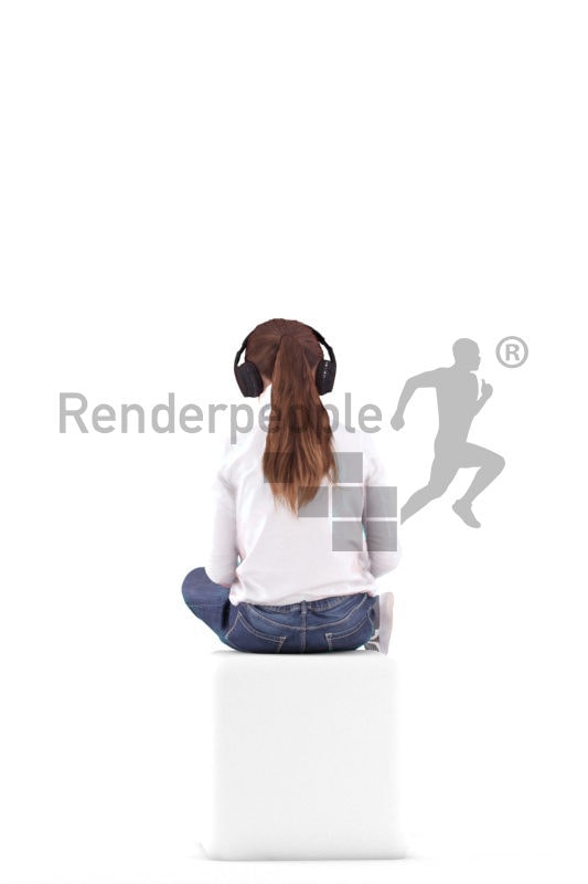 3d people casual, white 3d girl sitting and listening to music